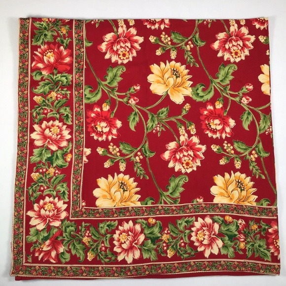 April Cornell Classic Florals Red Yellow Tablecloth 52x52 Square Bordered - Picture 2 of 7